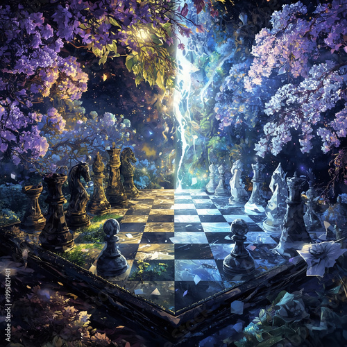 Floral vs. Nocturnal Realm — A Symbolic Chessboard of Dual Forces