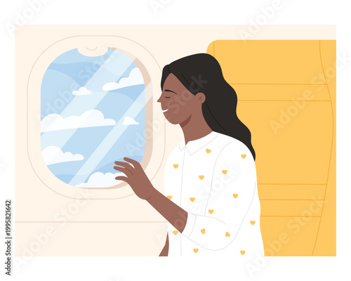 Airplane passenger looking on window. Seat with window view, tourist admiring flight view vector cartoon illustration