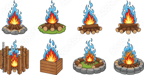 Outdoor Campfire and Bonfire Icon Set Featuring Burning Logs With Blue and Orange Flames Enclosed in Stone Rings Grass Patches and Wooden Fences for Adventure Travel and Camping Graphic Design