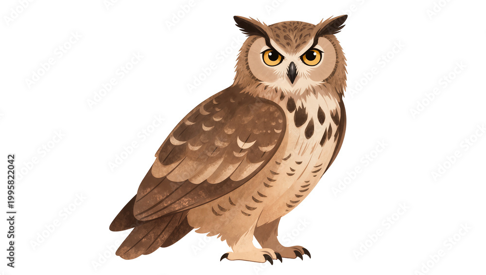 Obraz premium Brown speckled Eurasian Eagle Owl perched with intense yellow eyes