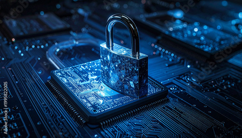Digital Fortress: A secure digital fortress with a glowing padlock symbolizes cyber security on a techy motherboard, highlighting the importance of data protection and privacy in our digital age.