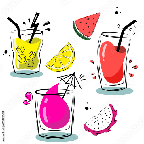 Hand drawn summer cocktails set with lemon, watermelon and dragon fruit. Tropical drinks with black ink sketch outlines and vibrant colors