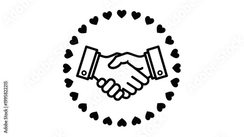 Handshake icon with hearts circle, symbolizing partnership, agreement, and love in business