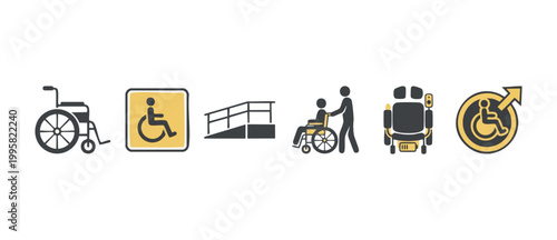 Wheelchair Accessibility Icons Set for Disability Inclusion, Universal Design Symbols, Ramp Access, Assistance and Mobility Equipment Graphics for Healthcare, Public Facilities and Modern UI Web Appli