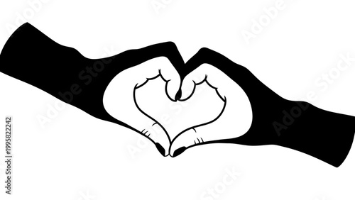 Hands forming a heart shape, symbol of love and connection, black and white graphic