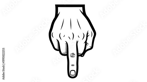 Hand pointing down with index finger, black and white illustration, gesture, direction