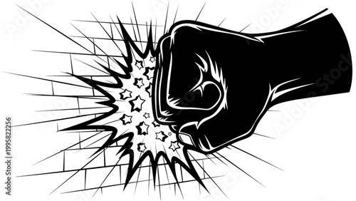 Fist Punching Brick Wall, Impact, Force, Destruction, Comic Style