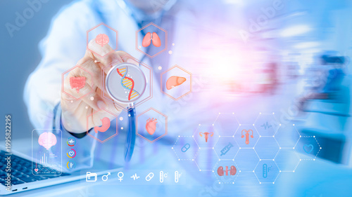 Fotografie Longevity, DNA Genetics concept, Doctor holding virtual featuring DNA symbol, he