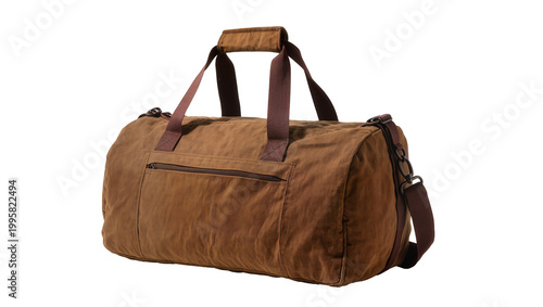 Foto Brown canvas duffel bag with handles and adjustable shoulder strap