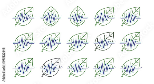 Collection of leaf icons with blue line graphs on white background.