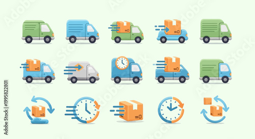 Delivery icons with trucks and clocks.