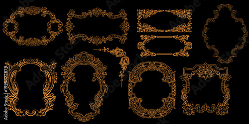 Set of luxury baroque and rococo frames in gold line art on black background. Ornamental vector collection with square, oval and round vintage borders, scrolls and acanthus elements 