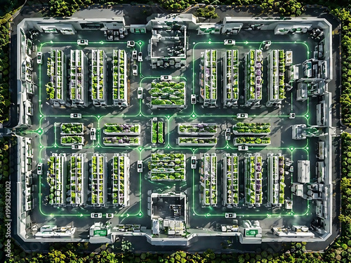 Symmetrical top down map of automated vertical farm with glowing paths