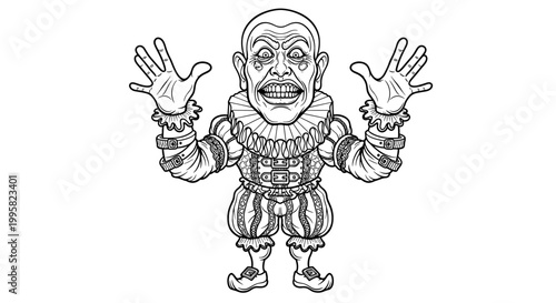 Clown with hands up gesture.