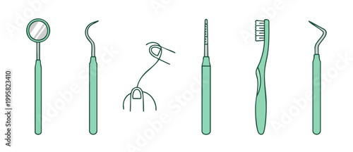 Dental instruments set for oral hygiene checkup, cleaning tools including toothbrush, dental floss, and mirror in a clean flat vector illustration style for dental clinic website and health care desig