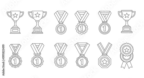 A collection of award medals and trophies.