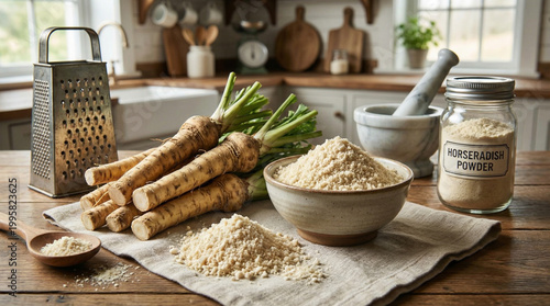 Fresh horseradish roots with grated powder in bowl on rustic wooden table, natural light kitchen scene, healthy ingredient for cooking, detox, nutrition and organic food preparation concept!