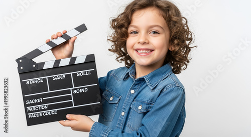 Young happy boy with curly hair holding a movie clapperboard and smiling for filmmaking concept and children's entertainment career
