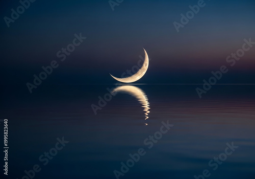 Glowing Crescent Moon Reflection on Peaceful Ocean at Night