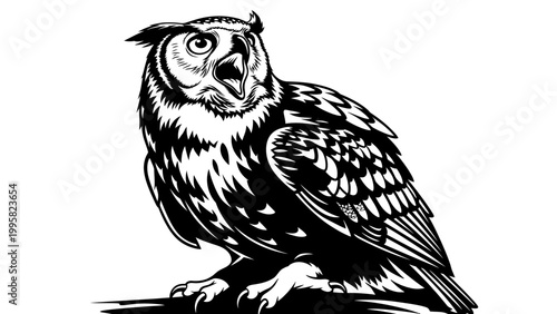 Black and White Owl Perched on Branch with Open Beak, Detailed Illustration