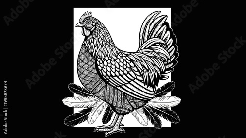 Detailed illustration of a rooster with feathers, vintage style, black and white
