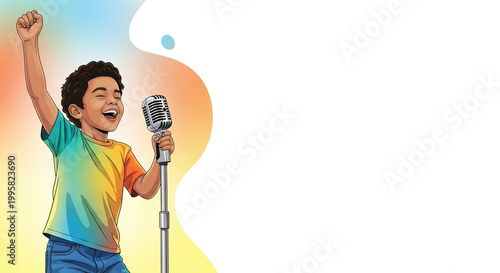 Enthusiastic young boy singing into a vintage microphone with a raised fist for talent concept and joyful artistic self-expression
