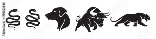 Black silhouettes of snake dog bull and lion Vector