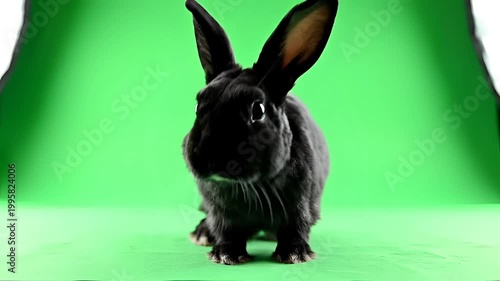 A sleek black rabbit with long ears sits attentively on a vibrant green background looking directly at the camera.