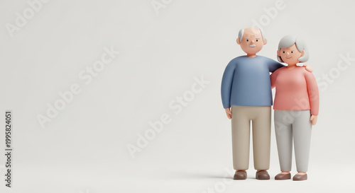 Cute 3D rendered senior couple standing together, embracing on a clean white studio background for retirement planning and elder care concept with ample copy space