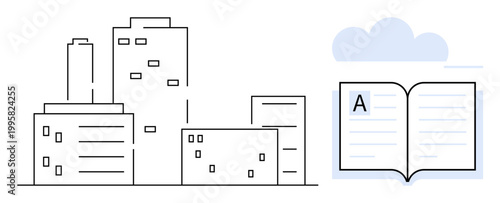 Education, urban planning, knowledge sharing, architecture, learning, development. Illustrated cityscape beside an open book with a cloud. Education and urban planning concept