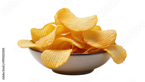 Bild auf Leinwand Golden Ridged Potato Chips Overflowing from Ceramic Bowl