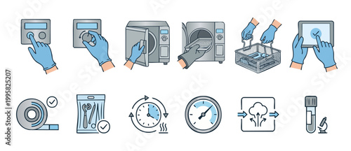 Medical Sterilization Process Icons Set - Autoclave Procedure for Surgical Dental Instruments, Hospital Equipment Hygiene, Laboratory Safety, Healthcare Sterile Protocol and Workflow Infographic Eleme