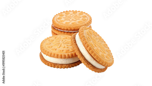 Photos Sweet cookies with cream filling stacked on each other on a simple white backgro