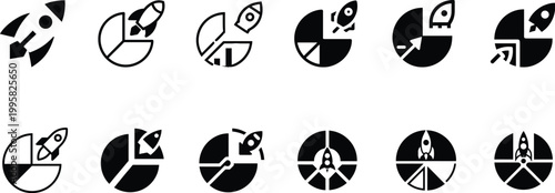 Rocket ship acceleration and investment strategy symbols, business development, marketing success, and financial analysis line icons collection