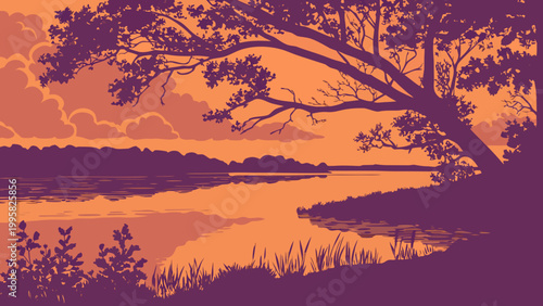 Artificial lake reflecting symmetrical vector patterns in abstract landscape at sunset