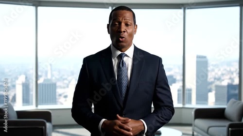 Professional African American Businessman Standing in Modern Office Overlooking City Skyline.