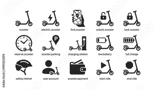 Electric scooter icons showing rental functions and ride controls
