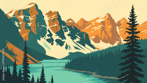 Mountain lake landscape with coniferous trees minimalist vector art, mountain
