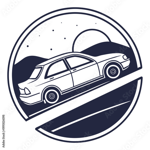 Minimalist car driving on winding road inside circular frame badge icon