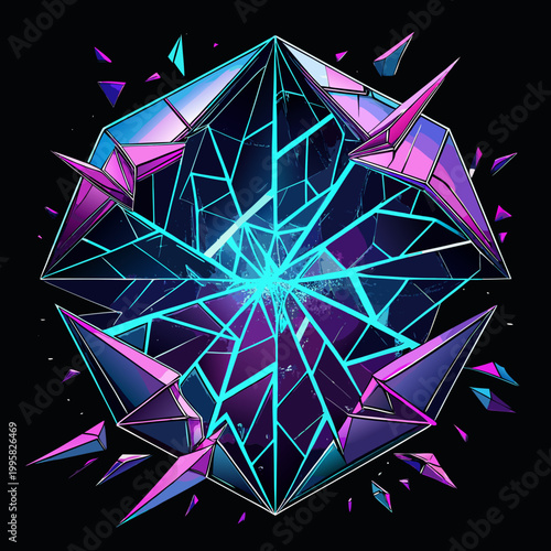 Shattered glass pane glowing with neon vector paths in dark environment