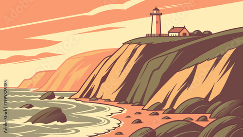 Graphic illustration of a coastal lighthouse on a cliffside at sunset