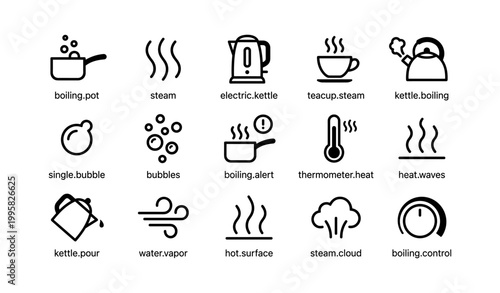 Boiling and steam icons of kettles cups and heat on white background