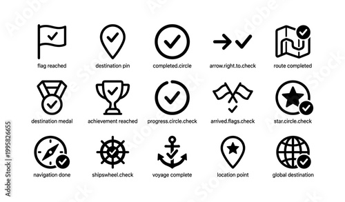 Navigation and completion icons arranged in a grid on white background