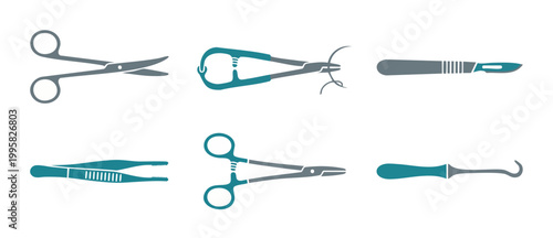 Surgical instruments set for medical operation and surgery procedure including scalpel, forceps, scissors, and needle holder in flat vector style for hospital, clinic, healthcare, and clinical equipme