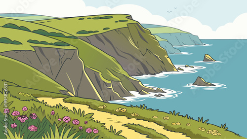 Scenic coastal path on green grassy cliffs overlooking the ocean with landscape
