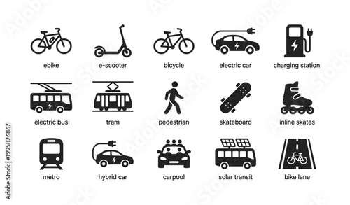 Transport icons showing personal and public modes on white