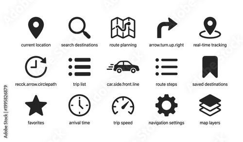 Navigation and mapping icons arranged in grid on white background
