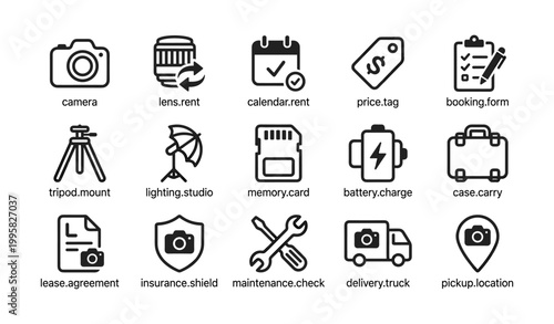 Photography rental icons showing equipment and services on white grid