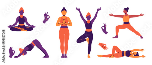 Yoga Poses Set Flat Vector Illustration, Diverse Woman Practicing Exercise Routines, Meditation Asanas and Stretching Movements for Healthy Lifestyle Concept in Vibrant Minimalist Design and Harmony S