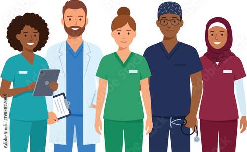 Healthcare team members stand together in a diverse group to highlight professional medical collaboration and unity.